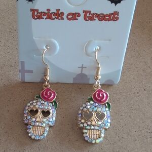 Sparkling Gold Skull Earrings with Pink Rose Halloween